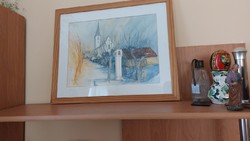 (K) Akvarell falurészlet festmény 53x44 cm