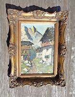 Fa táblára olajfestékkel festett Alpesi tájkép, keretben