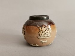 Antique English salt glazed match holder marked with silver rim