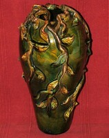 Pápai Kata (keramikus) : Leveles nagy váza - mázas gazdagon díszített kerámia, jelzett, hibátlan