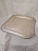 Antique silver square service tray with ornate rim