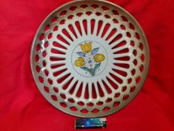 Openwork hand painted glazed ceramic wall plate, bowl.