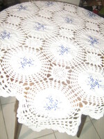 Dreamy blue floral tablecloth with handmade crochet lace inserts made in a special Art Nouveau style