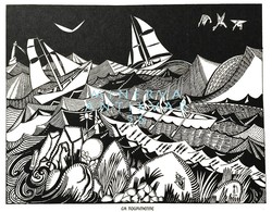 A. de Souza-Cardoso Zűrzavar 1912 art deco tusrajz reprint nyomata, tenger hullámok hajó csónak hal