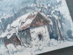Téli táj - akvarell kép