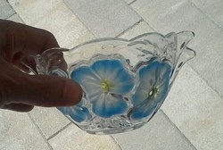 Gyönyörű kék sárga virágos művészi üveg kehely tál váza  törpéletes  hibátlan állapotban