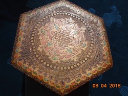 Carved, engraved, painted arabesque pattern oriental hexagonal wooden box 16x16x6.7 cm