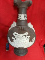 Old faun head majolica terracotta putty ceramic vase. 37.5 cm.