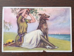 Régi 1923 képeslap Tito Corbella művészrajz hölgy kutyával art deco levelezőlap