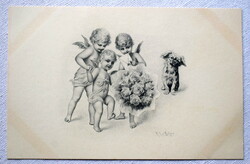 Antik MM Vienne Wichera grafikus üdvözlő képeslap angyalkák virágcsokorral kutyussal