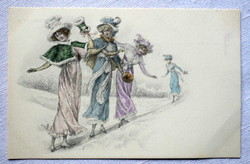 Antique vv vienne graphic greeting postcard with playful ladies on the go