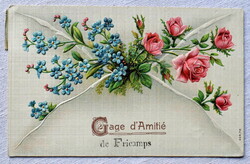 Antik  dombornyomott romantikus üdvözlő Boríték képeslap  rózsával nefelejccsel
