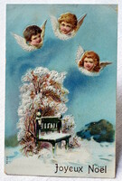Antik  dombornyomott Karácsonyi üdvözlő képeslap angyalkák téli táj paddal