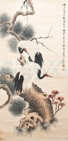 Ren Yi (Bonian) Két mandzsu daru, kínai festmény falikép reprint nyomata, japán darupár fekete fenyő