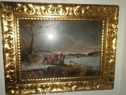 Paul Benes (1867-1932) - crossing the bridge, 1908- beautiful original antique oil painting.