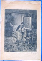Old etching (reveler), marked, stained, 43 x 26.5 cm, 30.5 x 23.5 cm