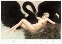 Louis Icart Lady and the Swan 1934 art deco engraving art poster erotic female nude black swan