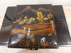 Antik Japán Kézzel Festett Kozmetikai Fekete Lakk Fa Doboz -Gyönyörű Jelenetes Képpel