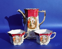 Antik ritka formájú szecessziós porcelán teáskanna 2db csésze hatszögletű Altwien? Angelika Kaufmann