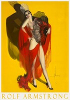 Rolf Armstrong Carmen 1927 art deco festmény művészeti plakátja, kabaré táncosnő vörös lepel legyező