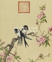 18. századi kínai selyem festmény reprint nyomata, fecske pár barack virág faágon