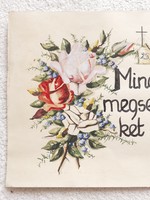 Régi akvarell festett rózsás nefelejcses kép vallási idézet