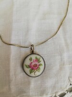 Old handcrafted silver framed porcelain Herend Viennese rose pendant on silver cube chain for sale!