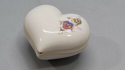 Hollóházi szív alakú virágos bonbonier, ékszeres doboz