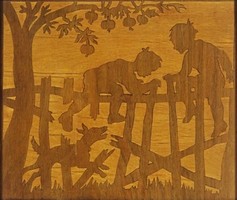 1I955 Inlaid picture of a dog chasing an old boy into a fence in an old frame 23.5 X 27 cm