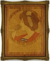 1I950 old marquetry female portrait in blond frame 38.5 X 31.5 Cm