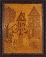 1I957 old church two-figure marquetry picture frame 34.5 X 28 cm