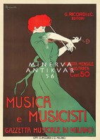 Vintage olasz zene újság magazin reklám plakát reprint nyomat Cappiello hegedű zöld ruhás nő Milánó