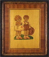 1I956 Régi kisfiú-kislány páros intarziakép régi keretben 28 x 23.5 cm