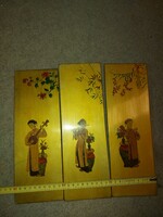 3 Vietnamese lacquer pictures, on wooden board, size indicated!