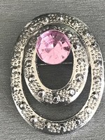 Ezüstözött bross hatalmas rózsaszínű kristállyal, 4 x 3 cm