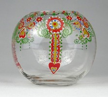 1I979 Kézzel festett népi motívumos üveg váza gömbváza 9 cm