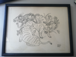 Béla Kádár tigers etching