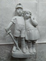 Little soldier with a baby girl, German inscription: I will protect you. Biscuit porcelain