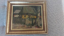 Régi szignózott falurészlet festmény 35X40 cm