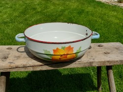 Old enameled flower patterned enameled large bowl with legs, vintage decoration