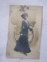 Antik újévi képeslap/fotólap elegáns hölgy, patkó, lóhere 1908