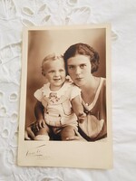 Old sepia photo card / postcard with mother's child / little boy fanto kecskemét studio 1932
