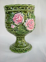 Green ceramic cup vase with rose decoration