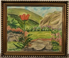 Mannheim Róza (1878 - 1965) Tájkép Pipaccsal c. festménye Eredeti Garanciával!