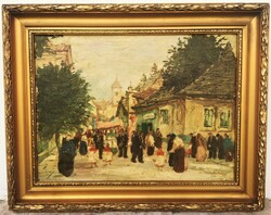 Gy. Sándor József (1887-1936) Körmenet utcakép (Szentendre?) festménye Eredeti Garanciával!