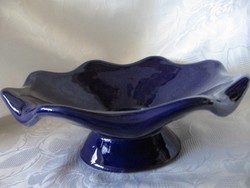 Kobalt kék kerámia talpas , hullámos gyümölcs kínáló tál