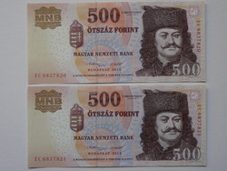 2 BD SORSZÁMKÖVETŐ 500 FORINT BANKJEGY, 2013 EC SOROZAT, UNC.