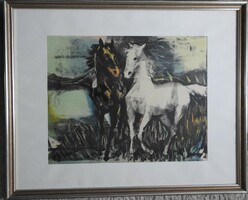 Horses in love - mixed media - with blacksmith sign