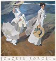 Joaquín Sorolla Séta a tengerparton 1909 festmény művészeti plakátja, nők fehér ruhában kalap ernyő