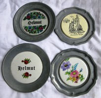 4 tin plates with porcelain inserts, diameter 11, 11.2, 10 cm.
